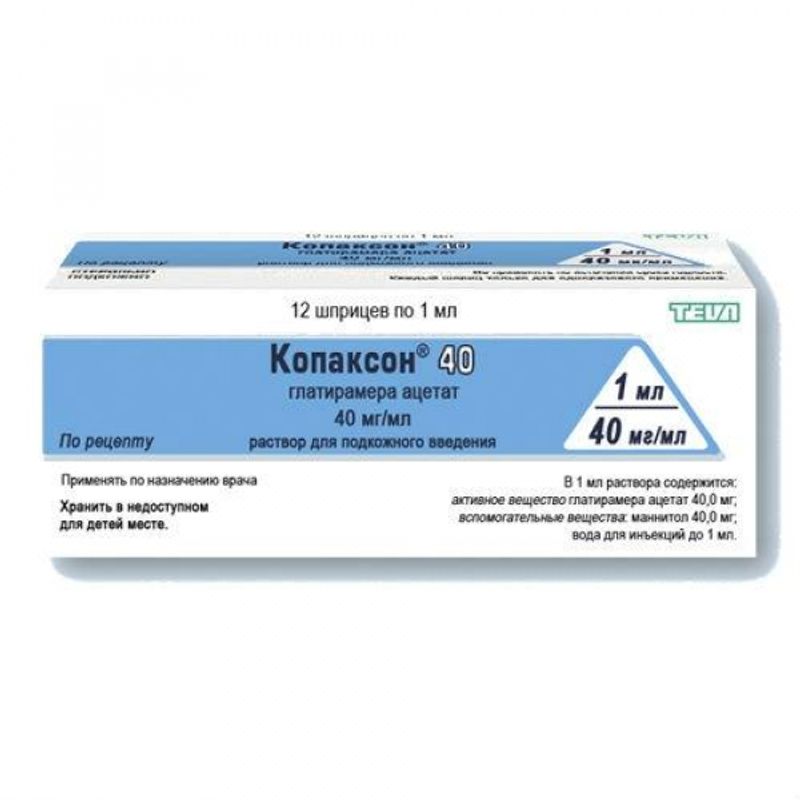 Раствор 12 5. Копаксон-Тева р-р для подкожного введ. 20мг/мл шприц 1мл №28. Копаксон 40 шприц р-р для п/к введ. 0,04/Мл 1мл №12. Копаксон Тева 40. Глатирамера Ацетат 40 мг.