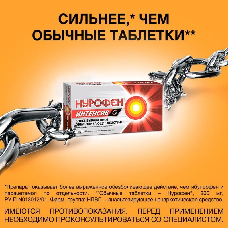 Нурофен интенсив 200мг+500мг 12 шт. таблетки покрытые пленочной оболочкой, фото №3